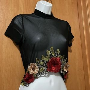 Mesh Rose Embroidered Crop Top ~ Size M
